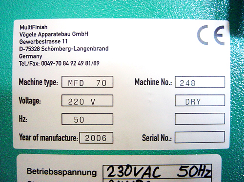 Multifinish ドラッグフィニッシュ研磨機 MFD70 2006年製｜表示プレート